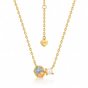 Minimalistische 925 Sterling Silber Vergoldete Halskette Für Damen Elegante Opal Künstliche Perle Geometrische Anhänger Täglich Schmuck