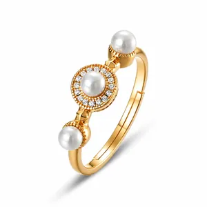 Anello in Argento Sterling 925 Vintage Stile Francese con Perla Artificial di Conchiglia Zircone Placcato Oro 10K Aperto Regolabile Gioielli Donna