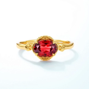 Vintage style S925 silver garnet ring with oval red gemstone and gold lace carving