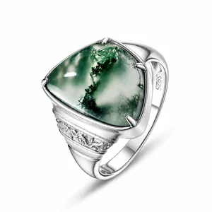 Anello in Argento Sterling 925 con Agata Muschio Vintage Geometrico Triangolo Pietra Naturale Incisa Gioielli Botanici per Donna