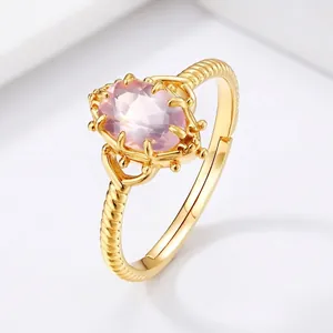 Vintage 925 Sterling Silver Gold Plated Crown Rose Quartz Adjustable Ring For Women Elegant Oval Gemstone Open Ring Jewelry