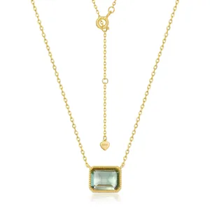 925 Sterling Silver Necklace With Geometric Synthetic Green Amethyst Pendant Gold Plated Fashion Jewelry For Women Daily Office