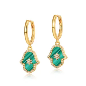 Hamsa Hand Drop Hoop Earrings Malachite Green Gemstone 925 Sterling Silver Gold Plated Zircon Vintage Boho Ethnic For Women
