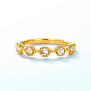 Bague élégante en argent S925 plaqué or 10K avec cinq cristaux blancs ronds brillants