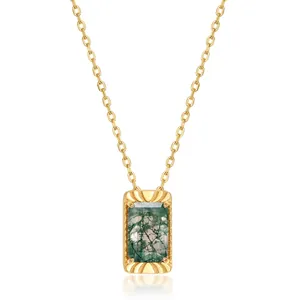 Collier en Argent Sterling 925 Pendentif Rectangle en Agate Mousse Verte Naturelle Bijoux Géométriques Rétro Plaqué Or
