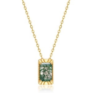 Collier vintage en argent S925 doré avec pendentif rectangulaire en agate mousse