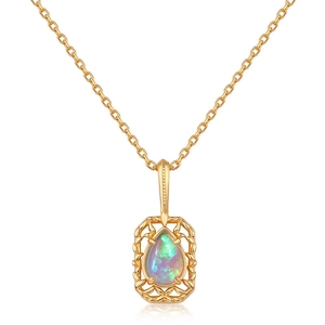 Elegante collana in argento S925 dorato con pendente in opale a pera e motivo traforato