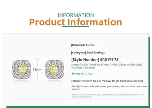 Detailed specs for 11mm square yellow carbon diamond S925 silver stud earrings