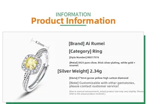 Detail view of S925 sterling silver ring with 5x5mm yellow high carbon diamond and specifications