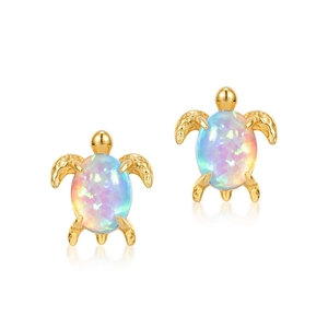 Cute S925 silver turtle stud earrings with colorful oval opal and gold plating