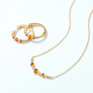 Parure élégante en argent S925 doré avec boucles d'oreilles et collier en grenat orange