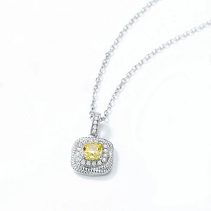 S925 sterling silver necklace featuring a square yellow cushion cut diamond pendant