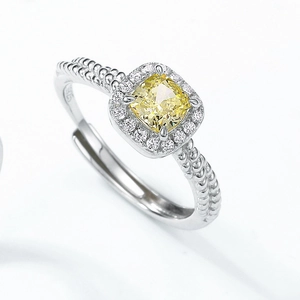 Square yellow carbon diamond ring in S925 sterling silver with beaded texture band