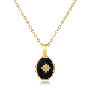 Collier vintage en argent S925 plaqué or avec pendentif agate noire ovale et étoile