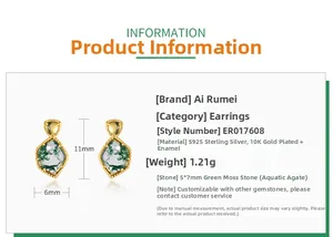 Spécifications des boucles d'oreilles en argent S925 et agate mousse de 11mm x 6mm