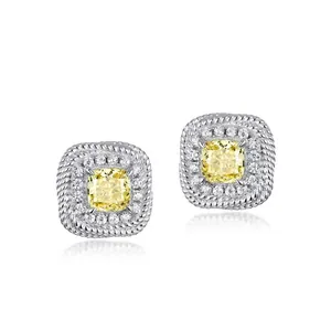 S925 Sterling Silver Square Halo Stud Earrings For Women Yellow Cushion Cut Rhinestone Radiant Geometric Jewelry Gift