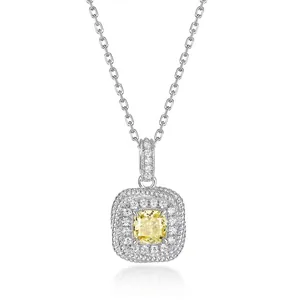 Luxurious 925 Sterling Silver Pendant Necklace Cushion Cut Yellow Zirconia Halo Pendant With Rhinestones Geometric Jewelry For Women
