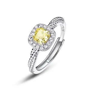 925 Sterling Silver Cushion Cut Yellow Zirconia Halo Ring For Women Adjustable Twisted Band Fashion Finger Ring Jewelry