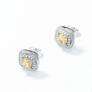 Square halo stud earrings with yellow cushion-cut stone and S925 silver finish