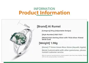 Details van een verstelbare ring van S925 zilver met een 7x10mm groene mosagaat steen