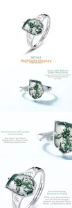 Detail van ring met groene mosagaat, bladgravure en spiegelgepolijst zilver metaal