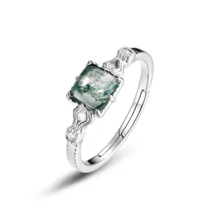 Anello in Argento Sterling 925 Retro con Agata Muschiata per Donna Vintage Quadrato Pietra Naturale Verde Regolabile Anello Aperto Gioielli