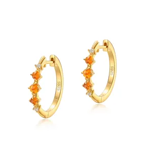 Boucles d'oreilles Créoles en Argent Sterling S925 Grenat Orange Vintage Plaqué Or Géométrique Strass Huggies Femme