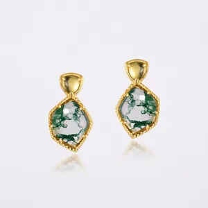 Boucles d'Oreilles Pendantes en Argent Sterling S925 Agate Mousse Géométrique Naturelle Agate Verte Plaqué Or 10K Femmes