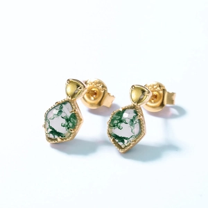Boucles d'oreilles S925 en argent avec agate mousse verte et bordure en corde dorée