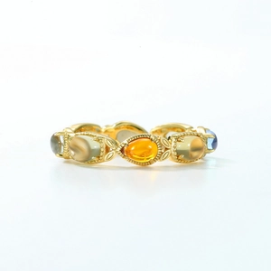 Vintage gold S925 silver ring with colorful gemstones and detailed leaf relief