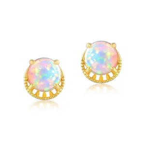 Boucles d'Oreilles Clous en Argent Sterling 925 Opale Synthétique Ronde Plaqué Or 10K Bijoux Géométriques pour Femmes