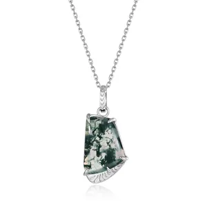 Natural Moss Agate Geometric Pendant Necklace For Women 925 Sterling Silver Leaf Design Water Grass Agate Fine Jewelry Commute Gift
