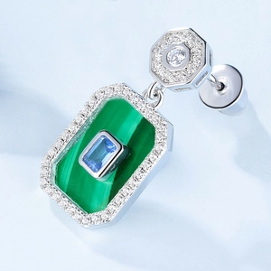 S925 silver geometric malachite earrings with blue gemstones and micro-pave crystals