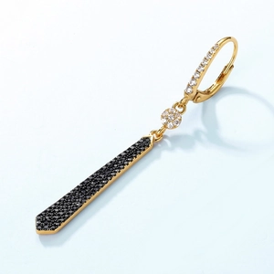 Elegant gold drop earrings featuring black pavé-set crystals and lever-back hooks