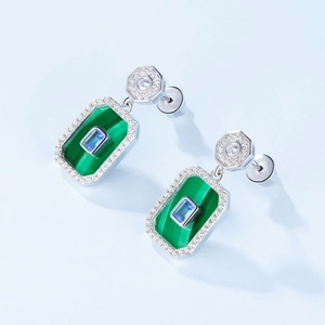Geometric S925 silver drop earrings featuring green malachite and blue gemstones