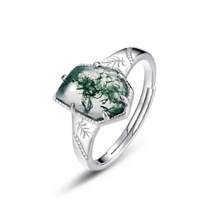 Vintage S925 Zilveren Mosagaat Verstelbare Open Ring Voor Dames Natuurlijke Groene Steen Blad Gegraveerd Sieraden Cadeau