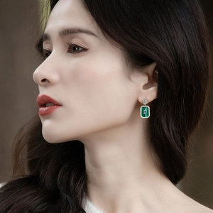 Elegant rectangular malachite drop earrings with halo crystals on silver-tone finish