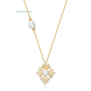 Collier Süßwasserperle Argent Sterling S925 Pendentif Tournesol Zircone Chaîne Clavicule Asymétrique Bijoux Cadeau Pour Femme Élégant