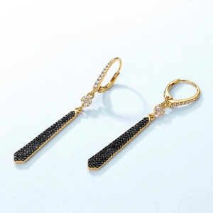 Elegant long S925 silver tassel earrings with black zircon stones in a gold finish