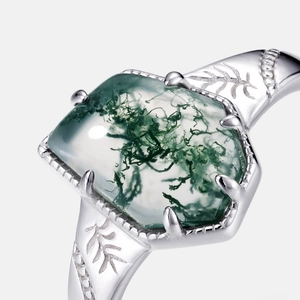 Onregelmatige mosagaat ring van S925 sterling zilver met natuurlijke takgravures