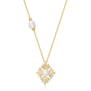Collier perle argent S925 doré avec pendentif fleur en zircone et perle asymétrique