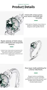 Dettaglio macro di anello in argento S925 con agata muschiata verde e zirconi a cuore