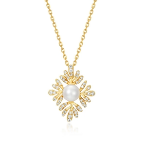 Collier perle d'eau douce argent S925 avec pendentif corail doré et zircon flocon de neige