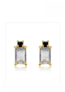 Detail of S925 silver gold earrings with labradorite stone and black round gem accent