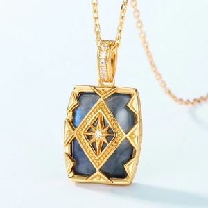 Vintage palace style S925 silver necklace with rectangular labradorite pendant and starburst