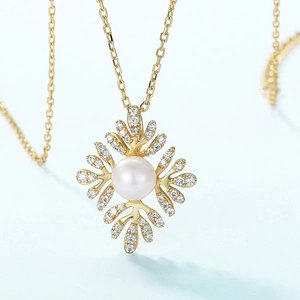 Collier en argent S925 avec pendentif flocon de neige, perle blanche et zircons brillants