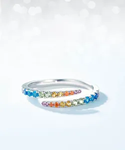 Macro view of S925 sterling silver adjustable ring with gradient rainbow cubic zirconia