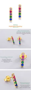 Detailed close-up of S925 silver rainbow earrings with multi-color zircon stones