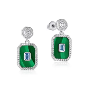 925 Sterling Silver Malachite Drop Earrings For Women Geometric Rectangle Green Stone Rhinestone Inlaid Dangle Earrings Jewelry