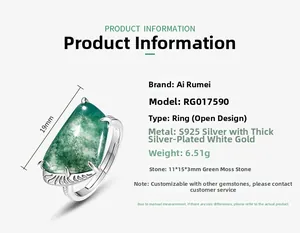 Macro detail of rectangle green moss agate stone on S925 sterling silver ring band